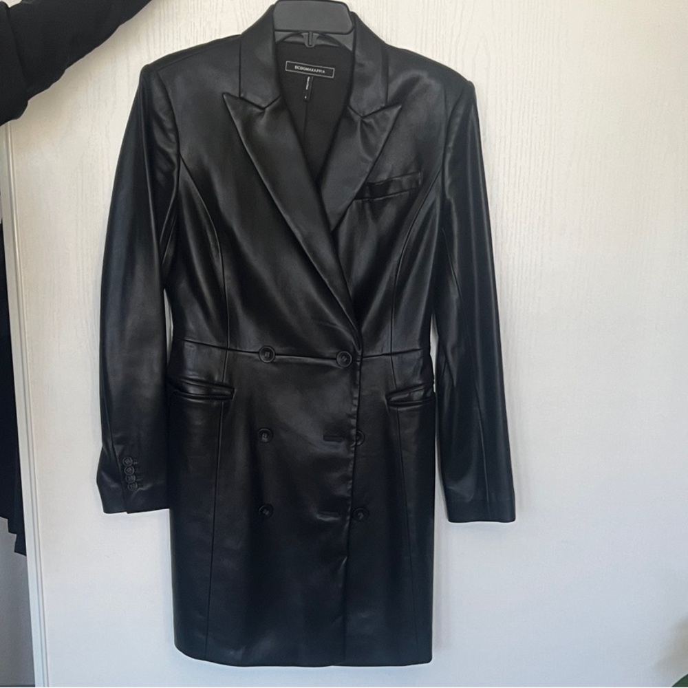 BCBG Leather Double-Breasted Blazer Coat - Black